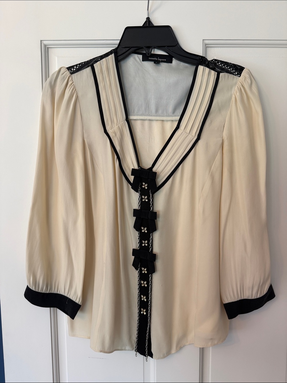 Nanette Lepore Cream Blouse with Black Trim and Bow Front